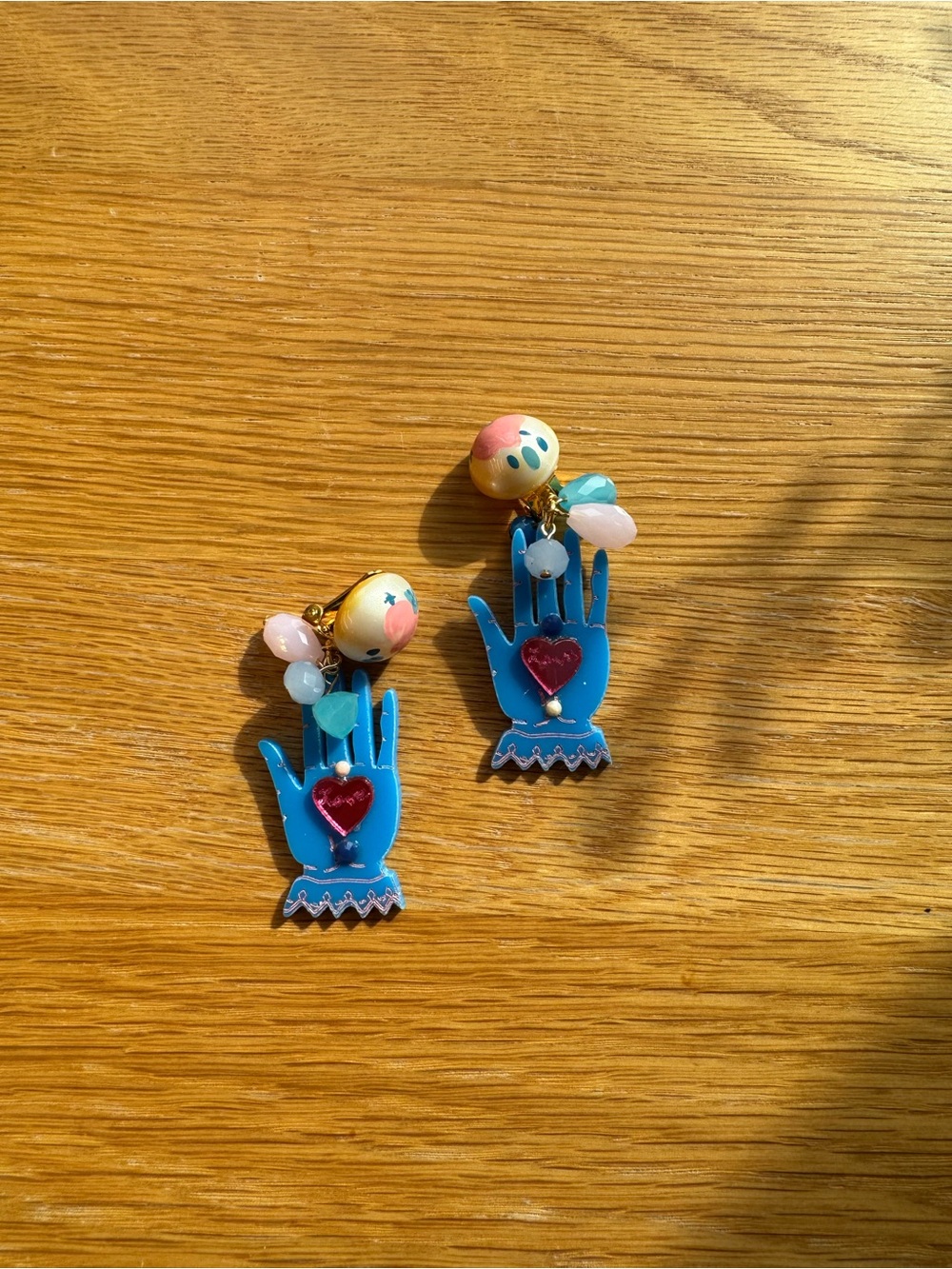 Unlogical Poem - Blue Hand Charm Clip-On Earrings with Pink Heart Accent